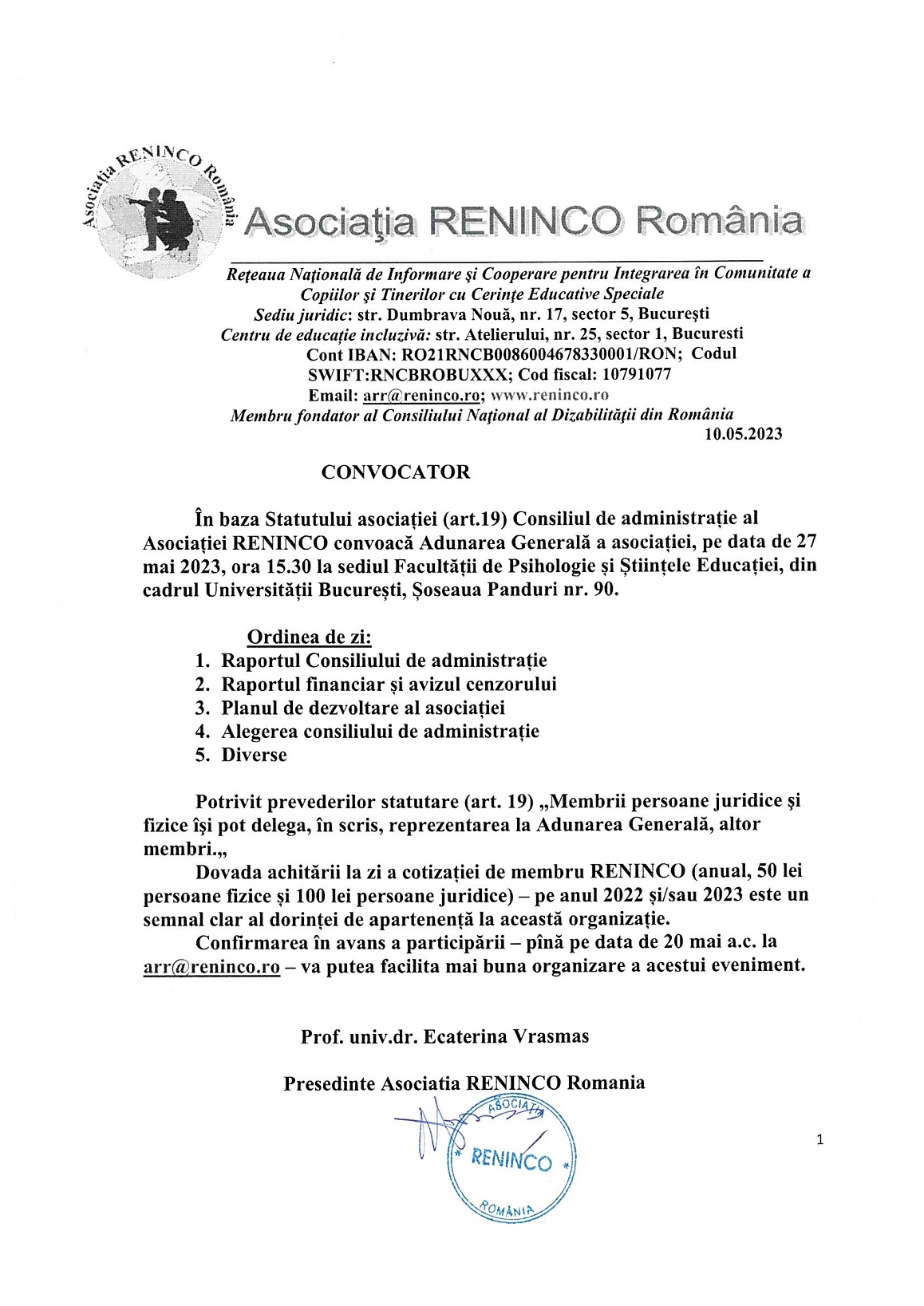 Convocator Adunare Generală RENINCO 27 mai 2023